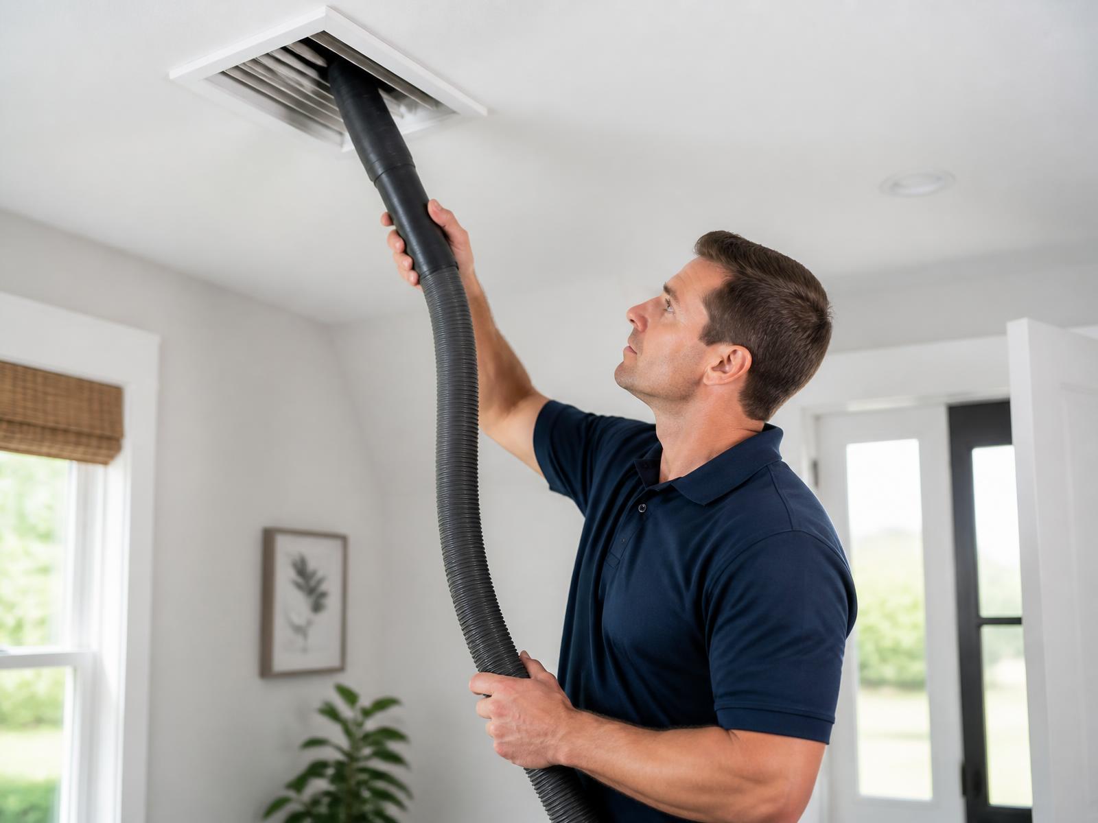Technician cleaning a residential ceiling air duct register with a vacuum hose in a Richmond home
